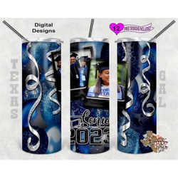 senior 2023 tumbler wrap, graduation tumbler design, picture frame tumbler wrap, blue balloons, 20oz sublimation tumbler