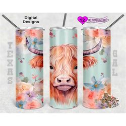 highland cow tumbler wrap, watercolor tumbler wrap, 20 oz skinny tumbler sublimation design, seamless design