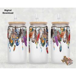 glass can boho feathers sublimation design png instant digital only
