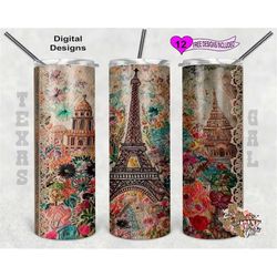 embroidery tumbler wrap, eiffel tower tumbler wrap, 20 oz skinny tumbler sublimation design, seamless pattern