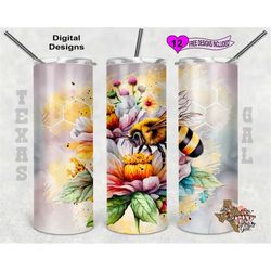 bee tumbler wrap, watercolor tumbler wrap, 20oz sublimation tumbler png, seamless design