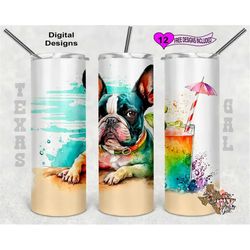 Boston Terrier Tumbler Wrap, Beach Tumbler Wrap, Watercolor Tumbler Wrap, 20 oz Skinny Tumbler Sublimation Design, Seaml