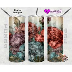 carnations tumbler wrap, watercolor tumbler wrap, 20oz sublimation tumbler png, seamless design