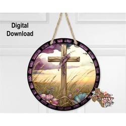 sublimation round door hanger design png, stain glass cross sublimation design, 10 inch hardboard blank design, digital