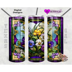 Stain Glass Tumbler Wrap, Pansies Stain Glass, Floral Stain Glass Tumbler PNG, 20 Oz Skinny Tumbler PNG, Seamless Design