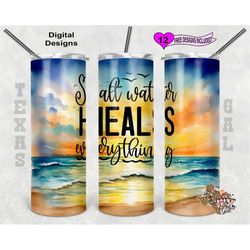 Beach Tumbler Wrap, Salt Water Heals Everything, Watercolor Tumbler Wrap, 20oz Sublimation Tumbler PNG, Digital Download