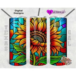 Stain Glass Tumbler Wrap, Sunflower Stain Glass, 20 Oz Skinny Tumbler PNG, Seamless Design