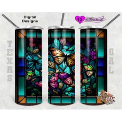 Stain Glass Tumbler Wrap, Butterflies Stain Glass, 20 Oz Skinny Tumbler PNG, Seamless Design