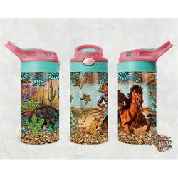 boho horse turquoise cactus leopard leather 12oz straight flip top water bottle sublimation design seamless png instant
