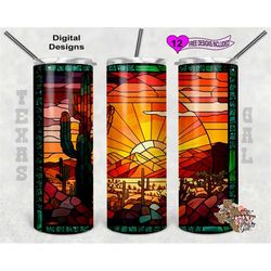 stain glass tumbler wrap, cactus stain glass, 20 oz skinny tumbler png, seamless design