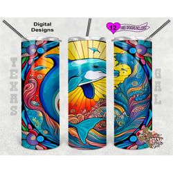 Stain Glass Tumbler Wrap, Dolphin Tumbler PNG, 20 oz Skinny Tumbler Sublimation Design, Seamless Pattern