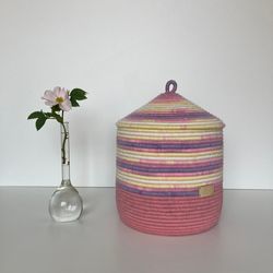 Pink storage basket with lid 29 cm x 22 cm Large basket