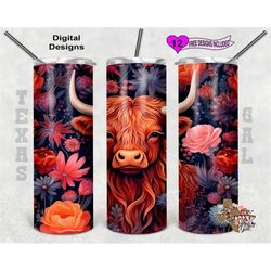 highland cow tumbler wrap, watercolor tumbler wrap, 20oz sublimation tumbler png, seamless design
