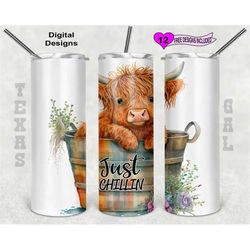 highland cow tumbler wrap, just chillin tumbler wrap, watercolor tumbler wrap, 20 oz skinny tumbler sublimation design,