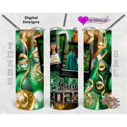 senior 2023 tumbler wrap, graduation tumbler design, picture frame tumbler wrap, green and gold balloons, 20oz sublimati