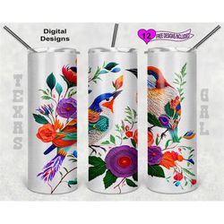 embroidered flowers and birds tumbler wrap, 3d tumbler, embroidered tumbler wrap, 20 oz skinny tumbler sublimation desig