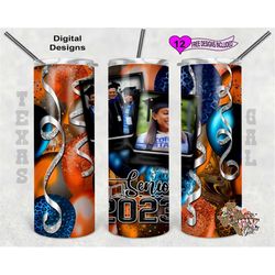 senior 2023 tumbler wrap, graduation tumbler design, picture frame tumbler wrap, orange and blue balloons, 20oz sublimat