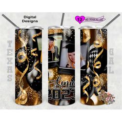 senior 2023 tumbler wrap, graduation tumbler design, picture frame tumbler wrap, black and gold balloons, 20oz sublimati