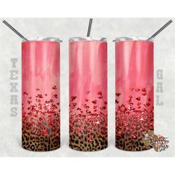 20 oz skinny tumbler valentine's day leopard glitter hearts sublimation design png instant digital only