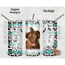 15 oz skinny tumbler highland cow wood turquoise leopard seamless sublimation design png instant digital only