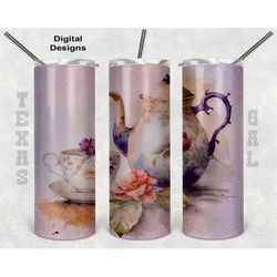 teapot tumbler wrap, watercolor tumbler wrap, 20oz sublimation tumbler png, digital download, seamless design