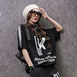 new short-sleeved printed stitching stand collar loose plus size t-shirt