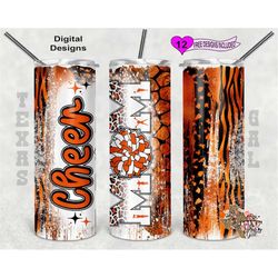 cheer mom tumbler wrap, cheer mom tumbler png, orange black cheer tumbler wrap, 20 oz skinny tumbler sublimation design,