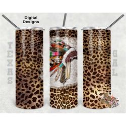 20 oz skinny tumbler indian feathers leopard seamless sublimation design png instant digital only