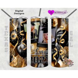 senior 2023 tumbler wrap, graduation tumbler design, picture frame tumbler wrap, gold and black balloons, 20oz sublimati