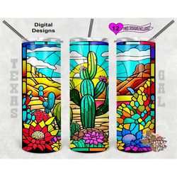 stain glass tumbler wrap, cactus stain glass, 20 oz skinny tumbler png, seamless design