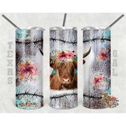 highland cow, wood, turquoise, flowers, 20 oz skinny tumbler, seamless, sublimation design, png, instant digital only