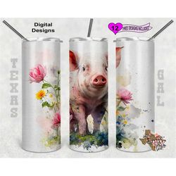 pig tumbler wrap, watercolor tumbler wrap, 20oz sublimation tumbler png, digital download, seamless design