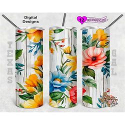 flower wood tumbler wrap, watercolor tumbler wrap, 20oz sublimation tumbler png, digital download, seamless design