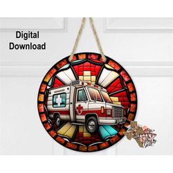 sublimation round door hanger design png, stain glass ambulance sublimation design, 10 inch hardboard blank design, digi