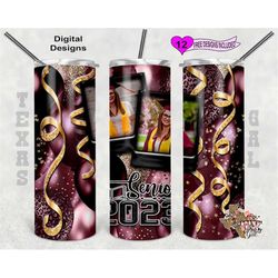senior 2023 tumbler wrap, graduation tumbler design, picture frame tumbler wrap, maroon and gold balloons, 20oz sublimat
