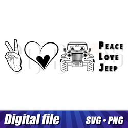 Peace Love Jeep Clipart, Image in svg and png formats, Peace Love Jeep cricut image, 300 DPI, Hight Quality, PLJ printed