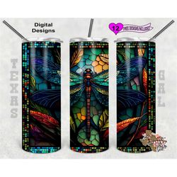 Stain Glass Tumbler Wrap, Dragonfly Stain Glass, 20 Oz Skinny Tumbler PNG, Seamless Design
