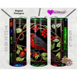Stain Glass Tumbler Wrap, Red Bird Stain Glass, 20 Oz Skinny Tumbler PNG, Seamless Design