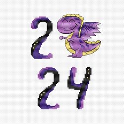 Dragon 2024 year symbol cross stitch pattern cute lilac dragon embroidery easy modern dragon PDF cross stitch pattern