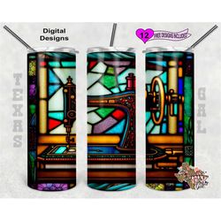 stain glass tumbler wrap, sewing machine stain glass, 20 oz skinny tumbler png, seamless design