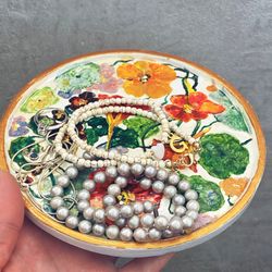Ceramic Plate Stand For Accessories Hand Painted Nasturtium Flowers Jewelry Rings Key Earrings Storage Plates Handmade