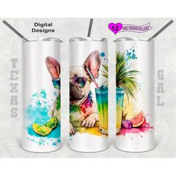 french bulldog tumbler wrap, beach tumbler wrap, watercolor tumbler wrap, 20 oz skinny tumbler sublimation design, seaml