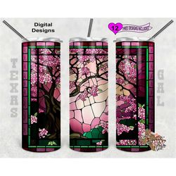 stain glass tumbler wrap, cherry tree stain glass, 20 oz skinny tumbler png, seamless design