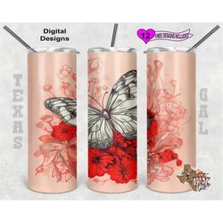 butterfly tumbler wrap, watercolor tumbler wrap, 20oz sublimation tumbler png, digital download, seamless design