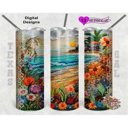 Embroidery Tumbler Wrap, Beach Tumbler Wrap, 20oz Sublimation Tumbler PNG, Seamless Design