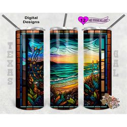 stain glass tumbler wrap, beach stain glass, 20 oz skinny tumbler png, seamless design
