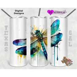 dragonfly tumbler wrap, watercolor tumbler wrap, 20oz sublimation tumbler png, digital download, seamless design