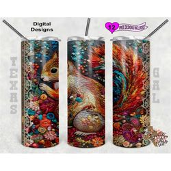 embroidery tumbler wrap, squirrel tumbler wrap, 20 oz skinny tumbler sublimation design, seamless pattern