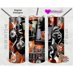 senior 2023 tumbler wrap, graduation tumbler design, picture frame tumbler wrap, orange and black balloons, 20oz sublima