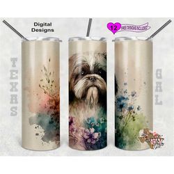 shih tzu tumbler wrap, watercolor tumbler wrap, 20oz sublimation tumbler png, digital download, seamless design